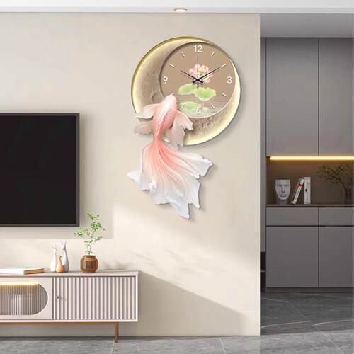 创意锦鲤客厅钟表装饰画轻奢高级沙发背景墙灯画新款餐厅时钟挂画