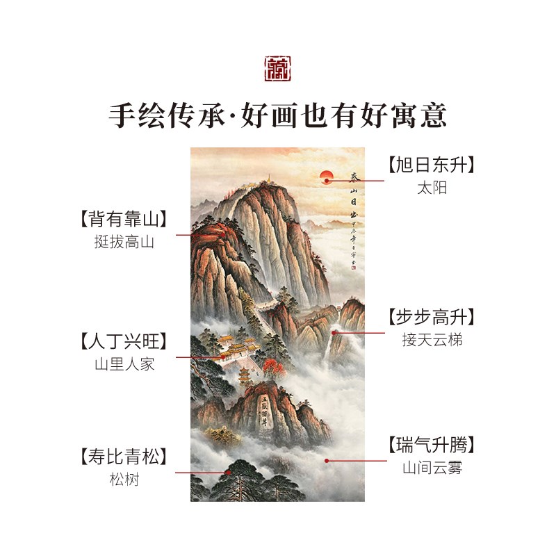 五岳山水画玄关装饰画水墨山水画挂画鸿运当头泰山日出画靠山图