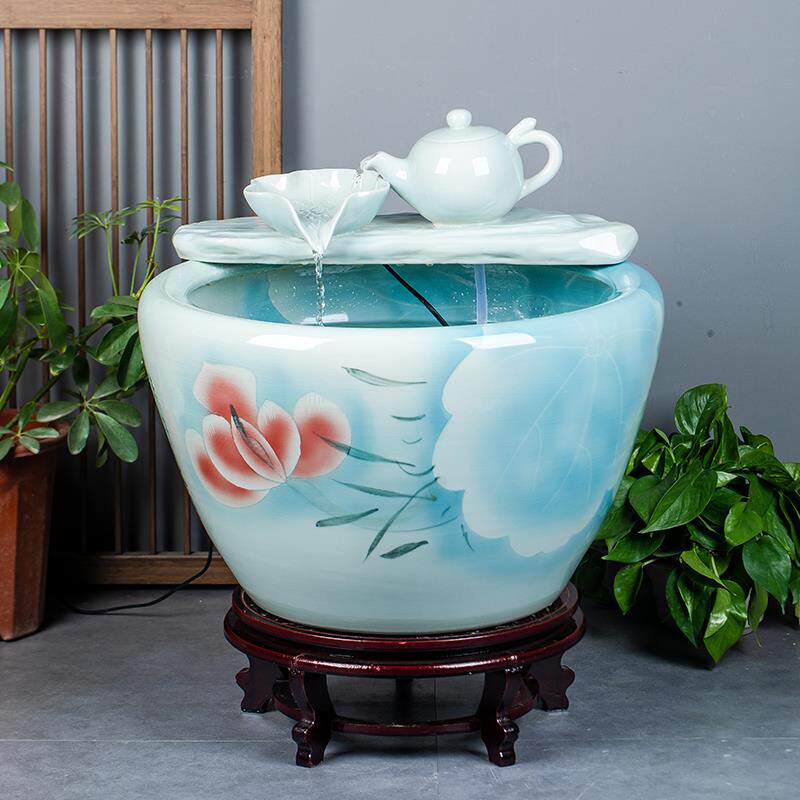 景德镇陶瓷流水鱼缸 适用于办公室与客厅的循环造景鱼池