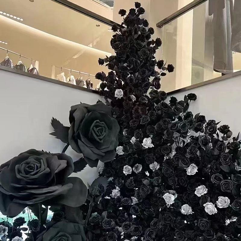 玫瑰花瀑布仿真花墙落地花艺黑色玫瑰网红打卡墙室外假花装饰