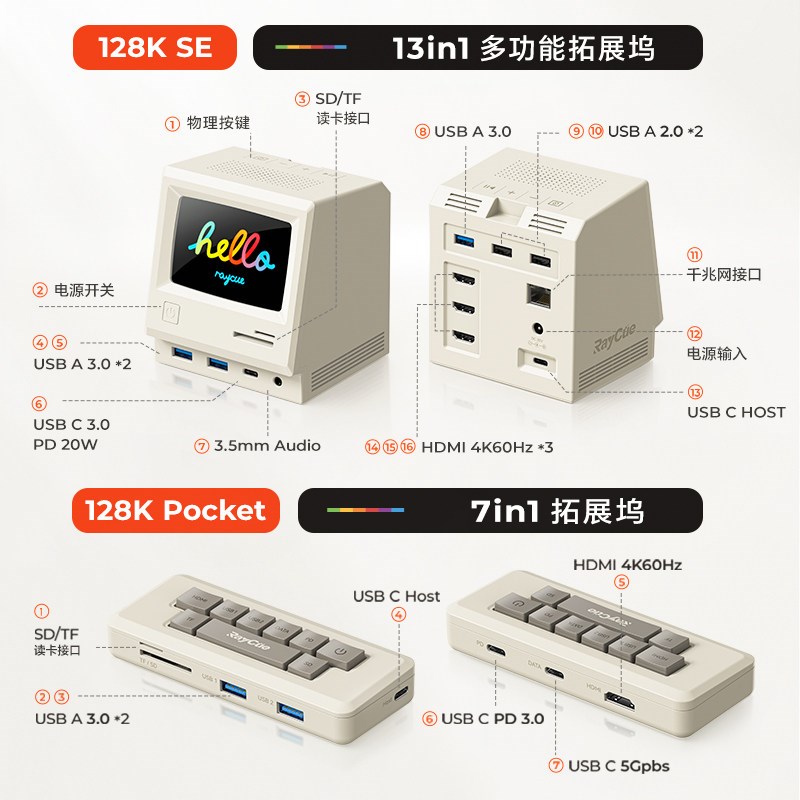 Raycue麦金塔13合一typec扩拓展坞hdmi投屏USB分集线器多功能Hub