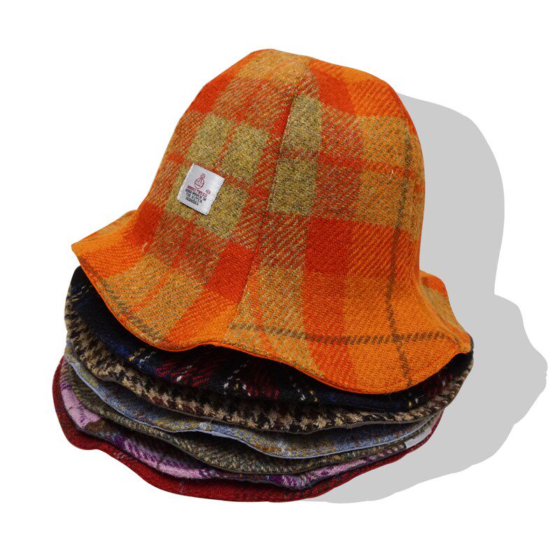 Harristweed日单春秋情侣卷边渔夫帽英伦格子盆帽男女双面遮阳帽