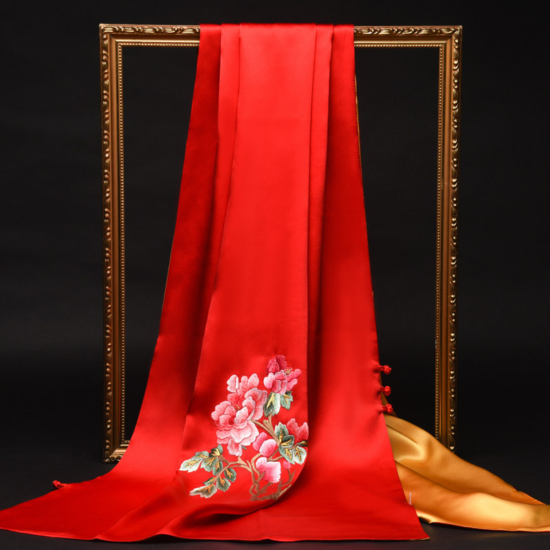 手工苏绣旗袍披肩婚礼妈妈女春季丝巾送礼真丝围巾喜婆婆披肩外搭