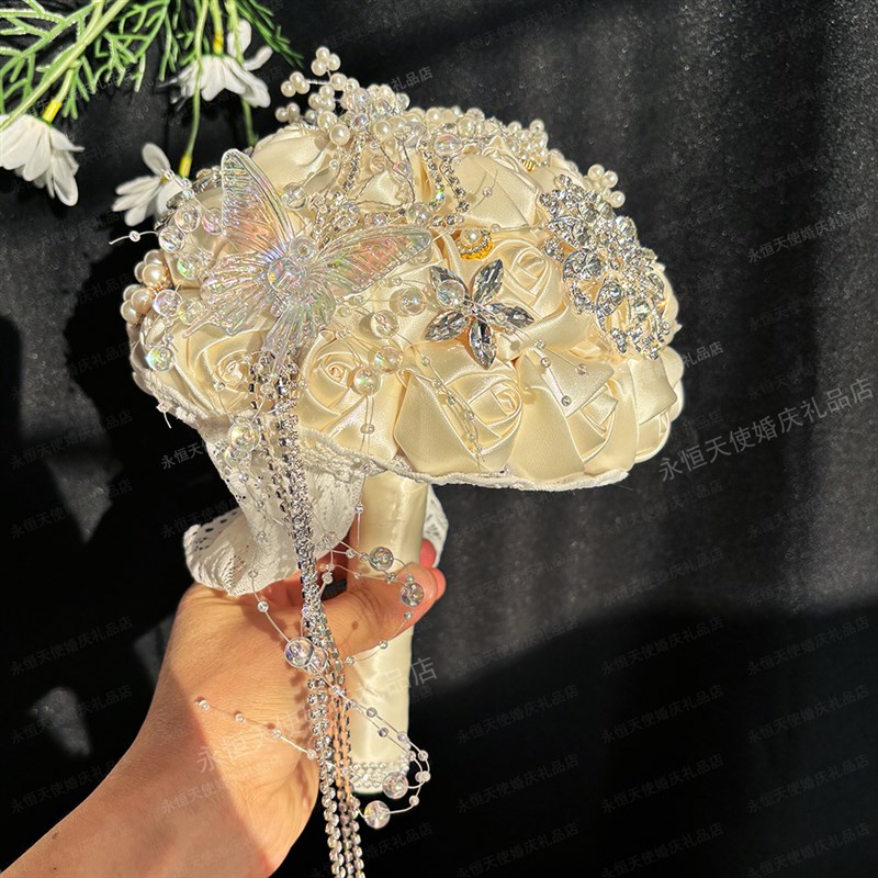 韩式新娘手捧花高端球形缎带diy玫瑰手工仿真花结婚摄影婚庆道具