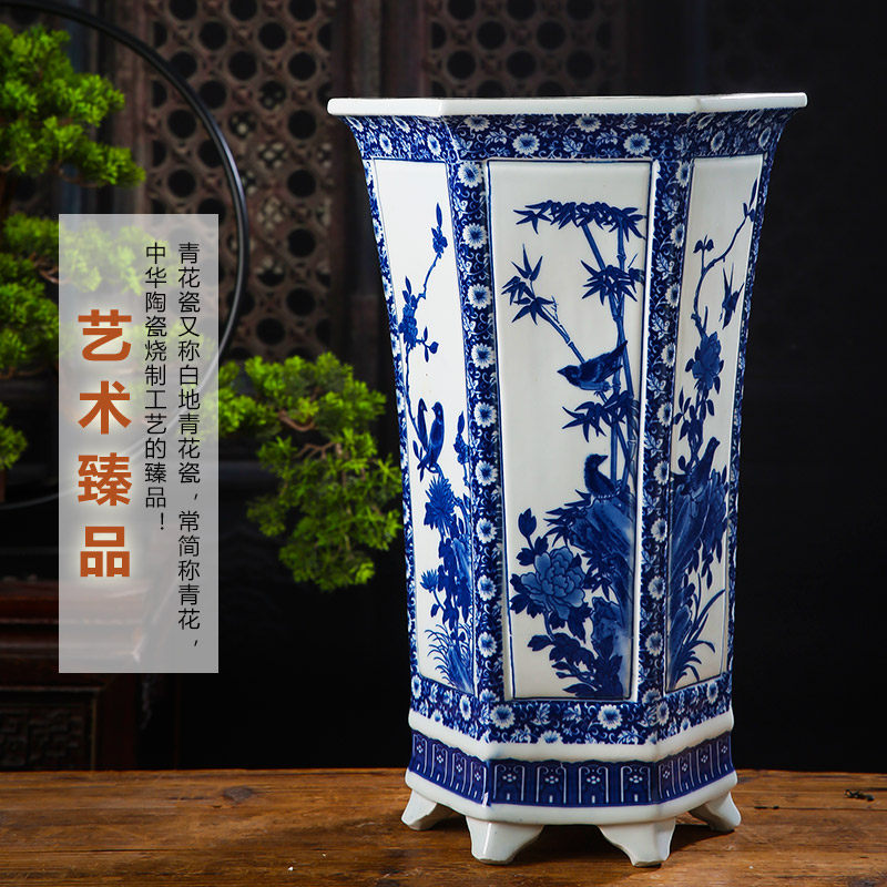 景德镇陶瓷花盆手绘青花瓷兰花盆高腰新中式花卉植物树盆带托盘