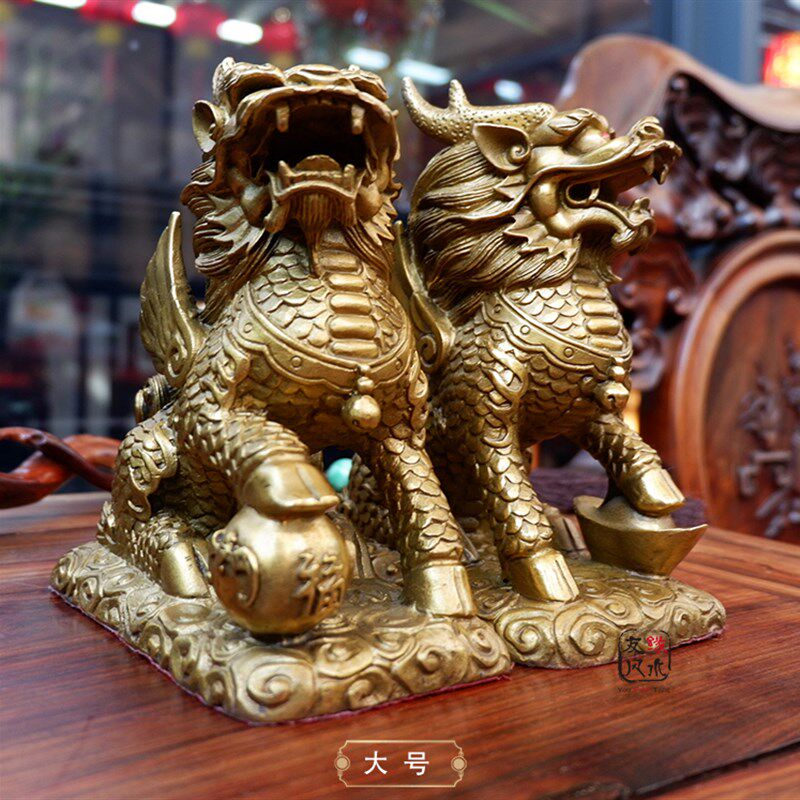 纯铜大号麒麟摆件一对 招财鎮宅旺财 家居店铺客厅玄关工艺品摆件