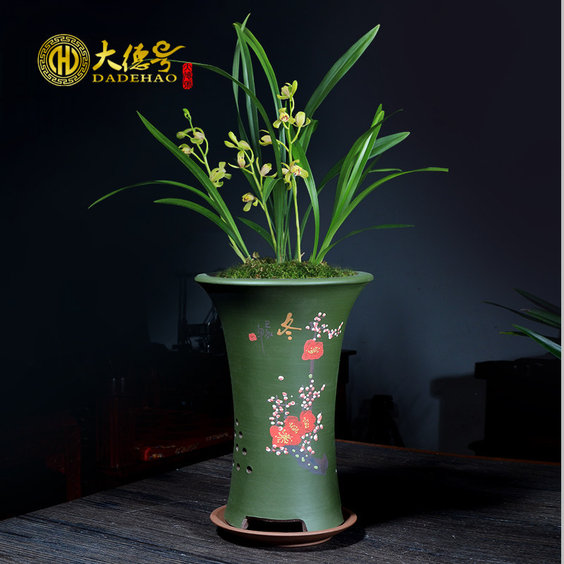宜兴紫砂陶瓷兰花花盆吊兰四季粉浆泥绘创意兰花专用盆家用带托盘