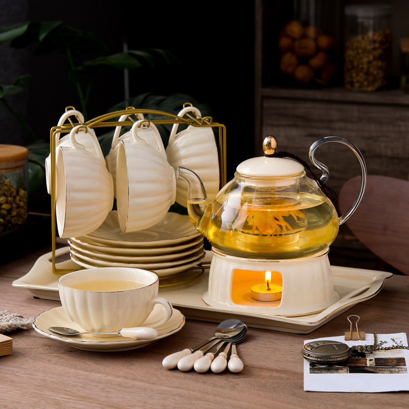 简约花茶壶套装家用玻璃下午茶杯水果花果茶具陶瓷带过滤蜡烛加热
