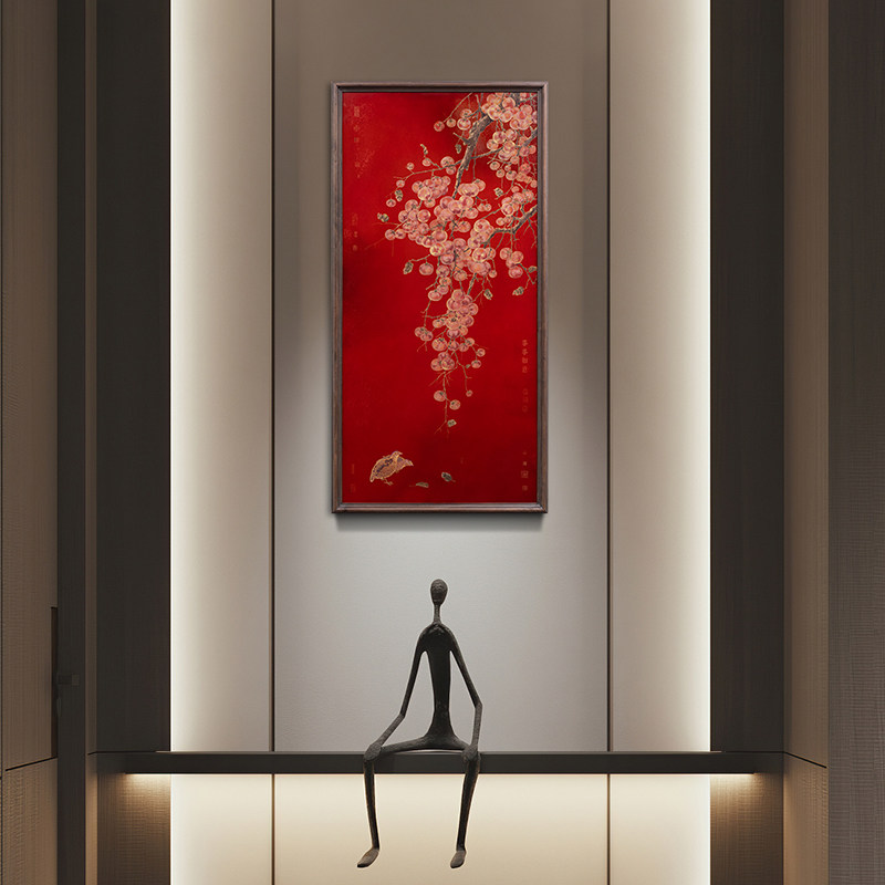 玄关装饰画新中式柿子画客厅挂画轻奢高级壁画铜画花鸟客厅背景墙