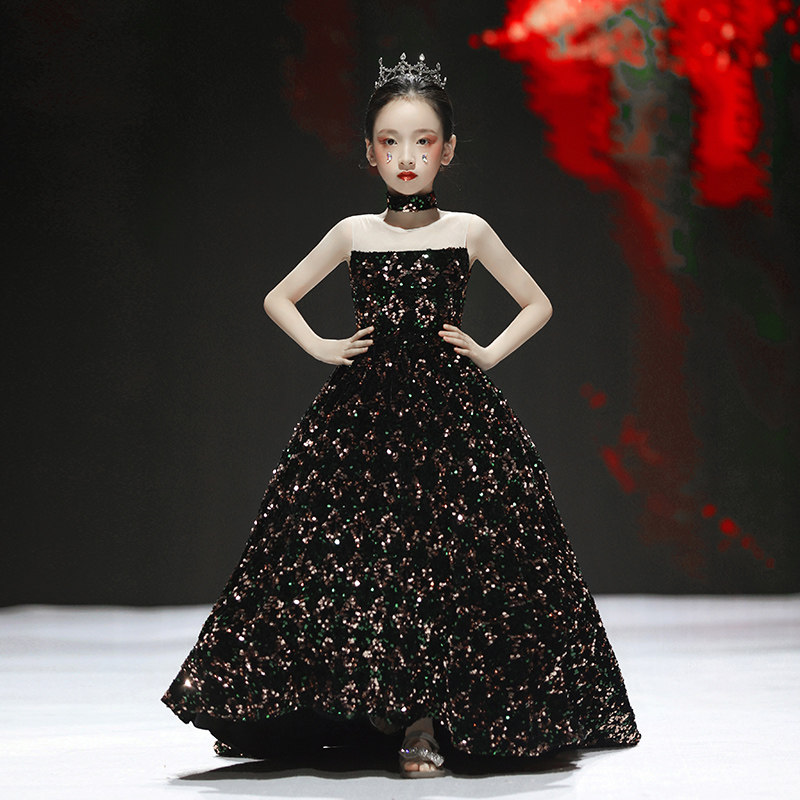 儿童礼服公主裙高端女童模特走秀t台主持人黑色高级感钢琴演出服