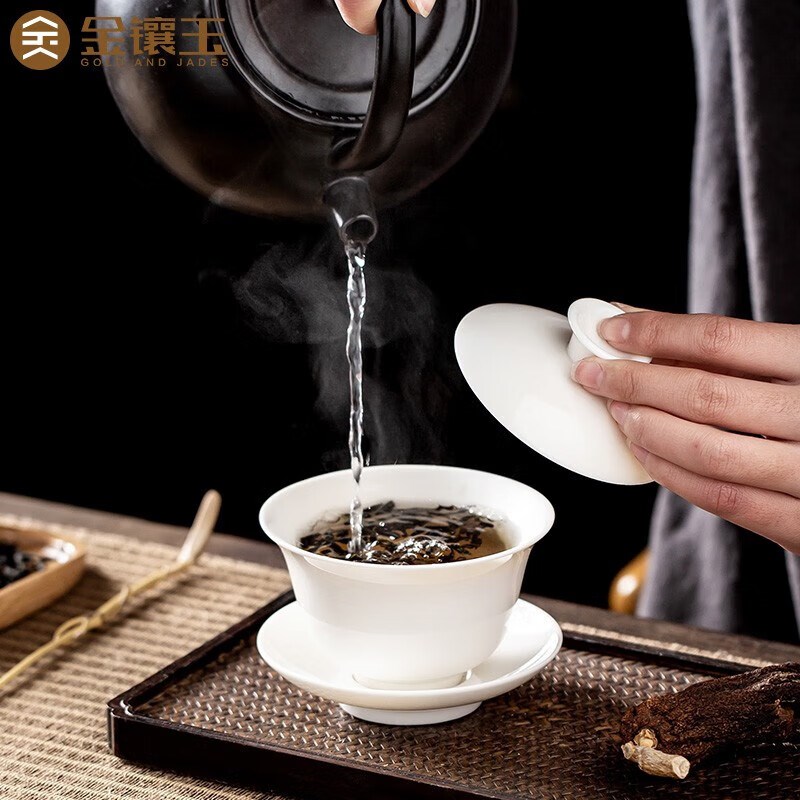 金镶玉羊脂玉瓷盖碗茶杯泡茶碗三才盖碗带盖子功夫茶具大号高档
