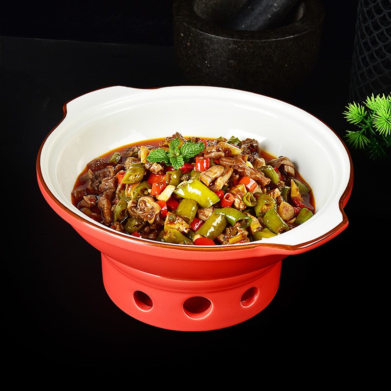 时尚餐厅哑光红色陶瓷蜡烛加热双耳炉防烫保温菜盘子创意干锅餐具