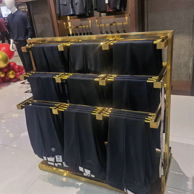男装店不锈钢拉丝裤台展示架服装店黄钛金裤架中岛架双面挂裤子架