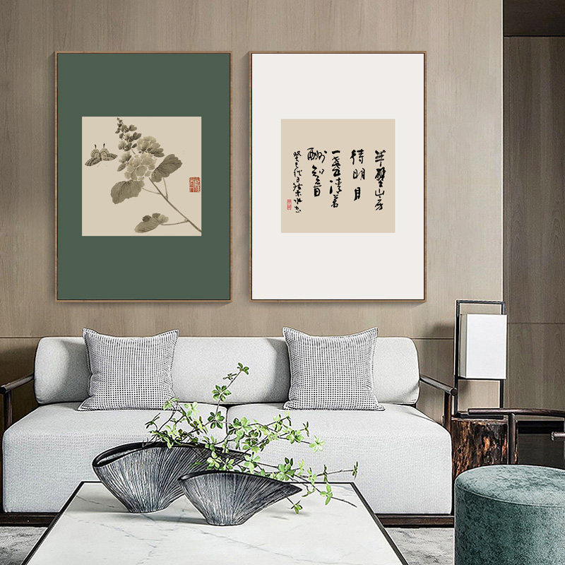 新中式餐厅装饰画客厅墨绿色沙发背景墙挂画禅意书房茶室茶馆字画