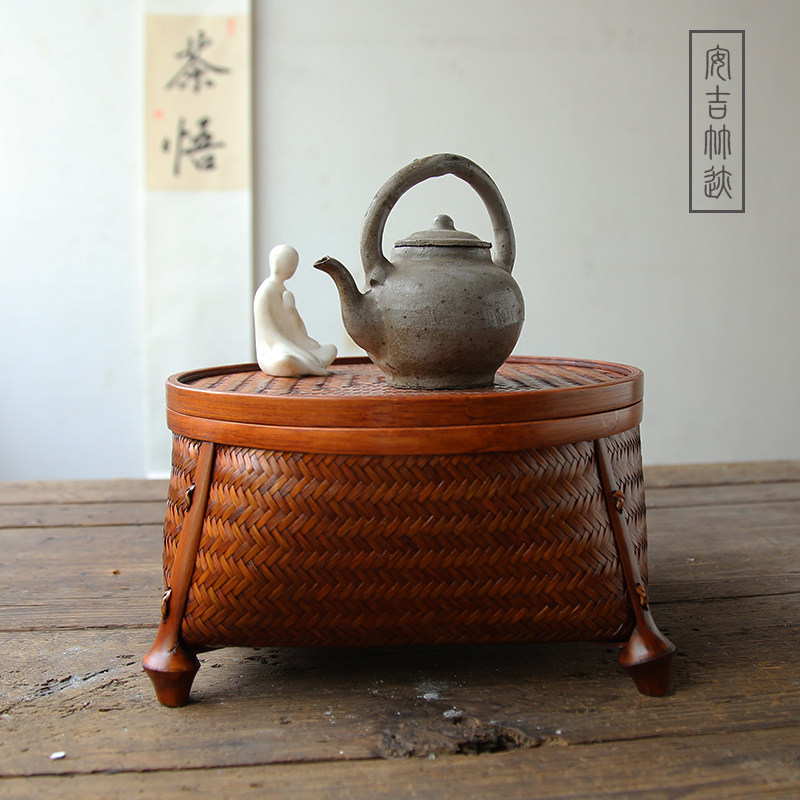 茶具收纳盒防尘日式竹编漆器工艺品复古干泡台茶盘整理筐茶室摆件