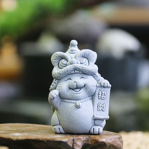 仿青石国潮风醒狮装饰摆件茶室茶桌茶宠舞狮头伴手礼摆设创意礼品