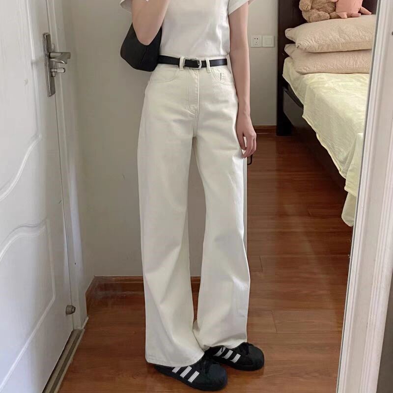 白色阔腿牛仔裤女2025年春夏季新款宽松显瘦垂感小个子窄版直筒裤
