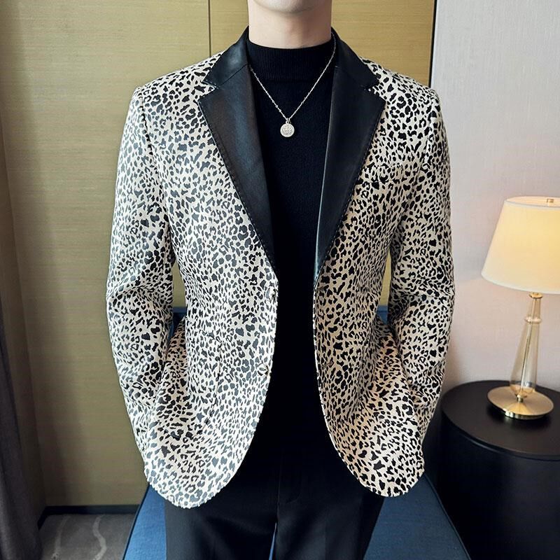 四季款男式舞台表演西服拼皮豹纹宴会主持人礼服欧美西装单西外套