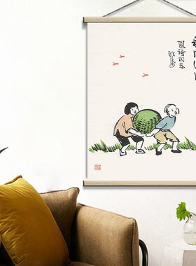 新中式客厅背景墙装饰画沙发客厅壁画免打孔国画丰子恺布艺挂画