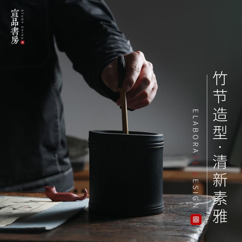 砚石笔筒复古中国风安徽宣城创意手工原石大容量圆形收纳盒笔罐