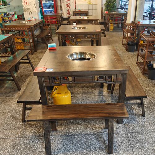 实木市井风火锅桌子电磁炉一体火锅桌串串香火锅店大理石火锅桌椅
