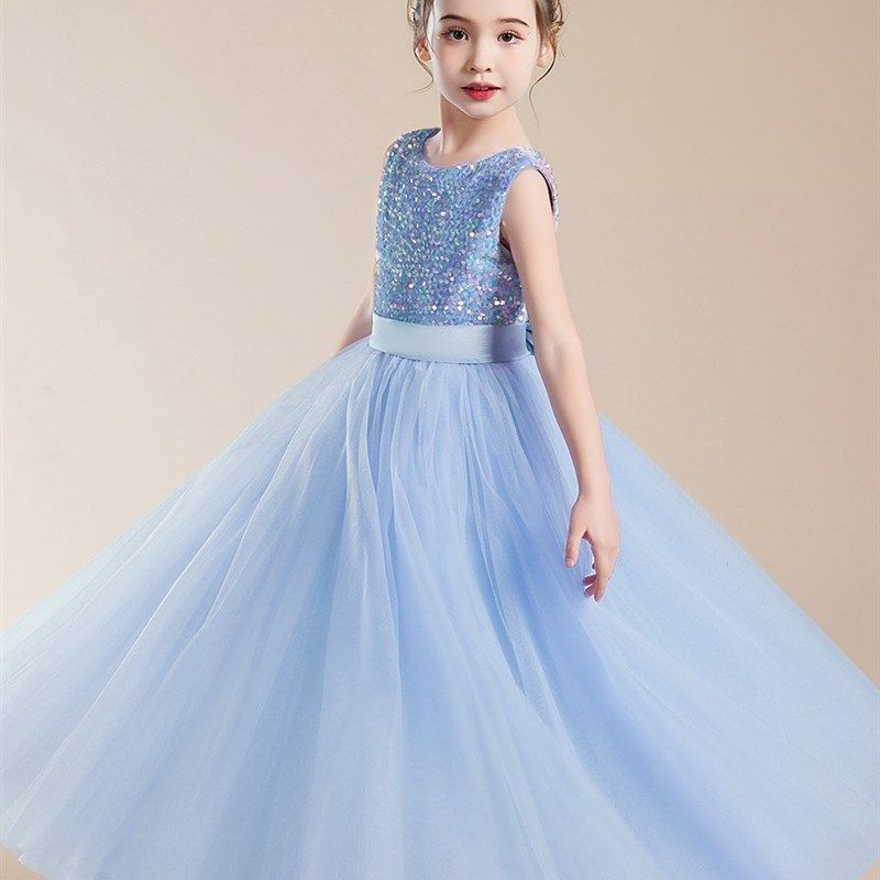 新款女儿童礼服天蓝色钢琴演出服小提琴演奏主持人表演花童公主裙
