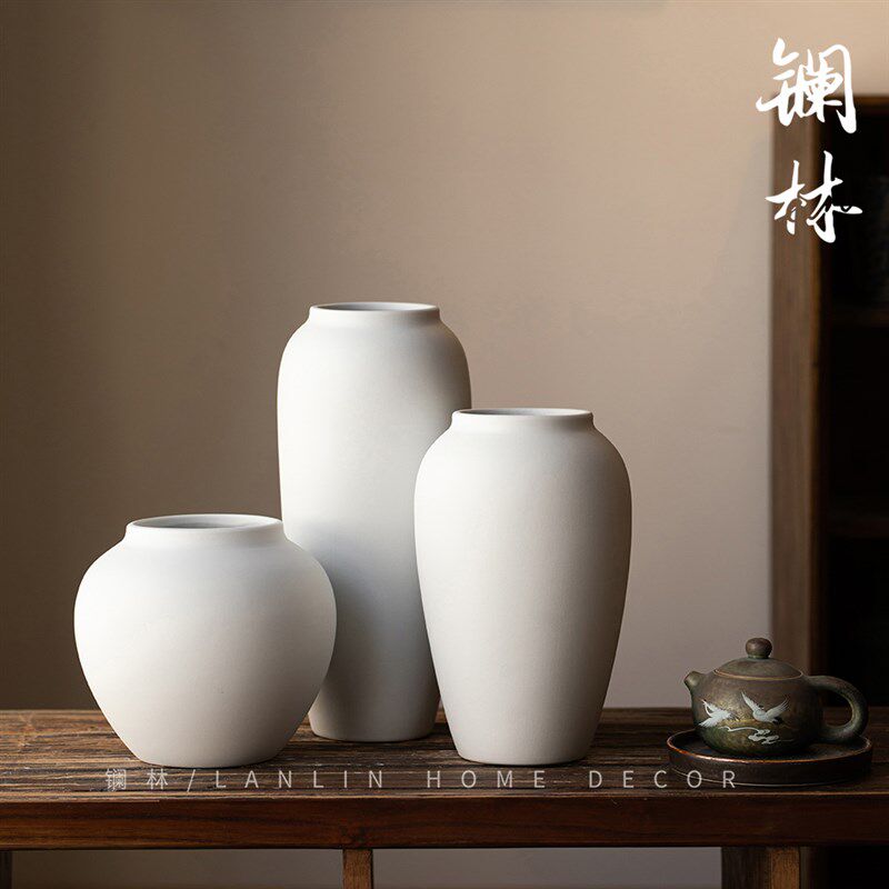 景德镇新中式复古陶瓷花瓶客厅插花白色简约装饰粗陶罐无螺纹白苏