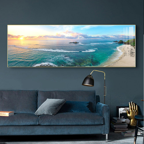 大海滩风景日出朝霞沙发背景客厅装饰画卧室床头壁挂画横版海浪花