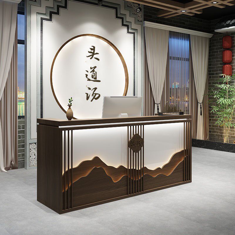新中式复古吧台饭店餐厅酒店茶楼实木收银台养生馆服装前台接待台