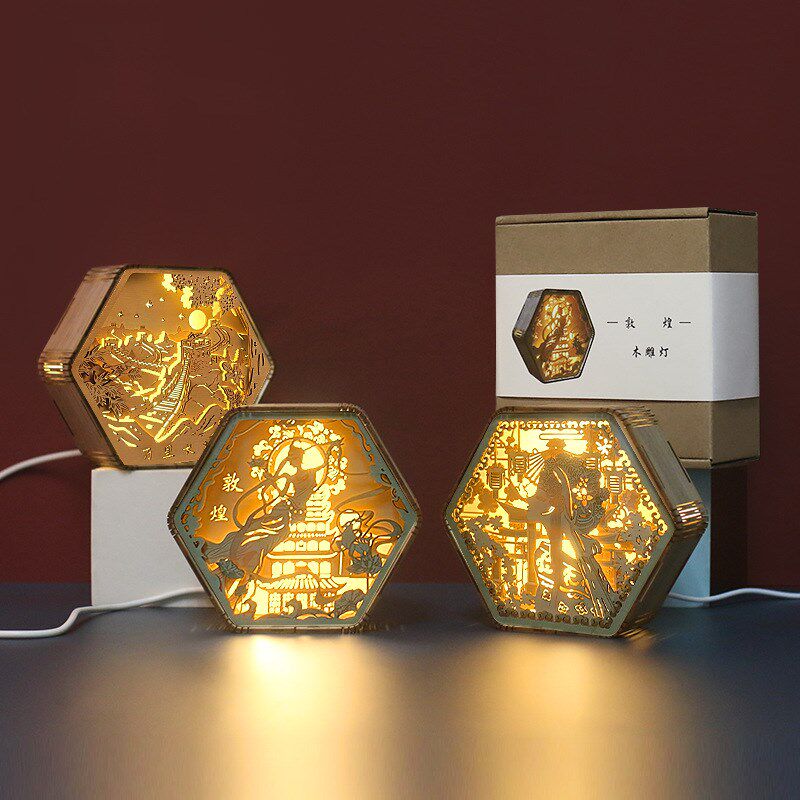敦煌木雕灯创意礼品复古文创礼物床头3D小夜灯装饰摆件台灯纸雕灯