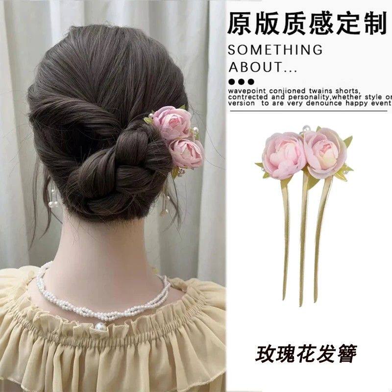 新中式玫瑰花三齿U型发簪女2026新款气质后脑勺盘发簪子发钗头饰