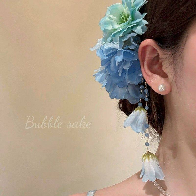 原创【袅袅江南】新中式超仙蓝色花朵发夹侧边夹发卡度假古风发饰