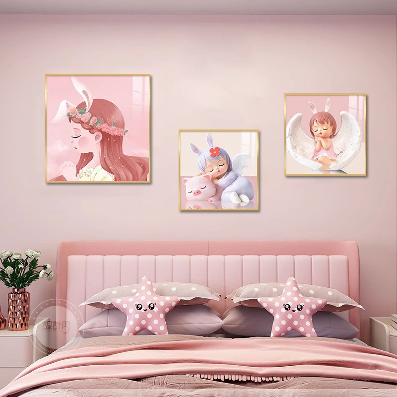 儿童床头装饰画女孩房间卧室挂画粉色可爱幼儿园男孩女生卡通壁画