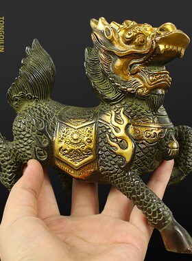 复古铜麒麟摆件一对小黄铜制送子公母火麒麟客厅办公室开业礼品
