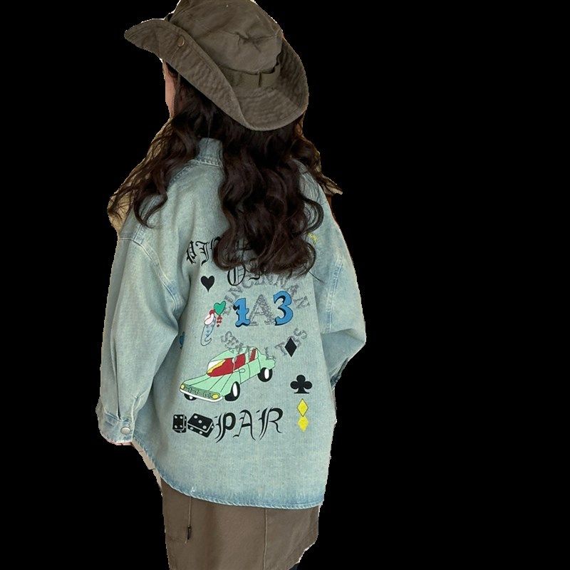 女童牛仔外套春秋款2024新款中大童宽松休闲春装洋气翻领衬衫上衣