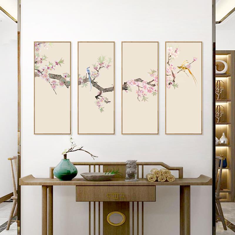 水墨宣言新中式客厅背景墙四联幅装饰画手绘花鸟桃花海棠条屏挂画