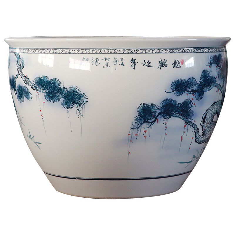 景德镇陶瓷中式鱼缸手绘松鹤延年睡莲荷花盆庭院养乌龟锦鲤大水缸