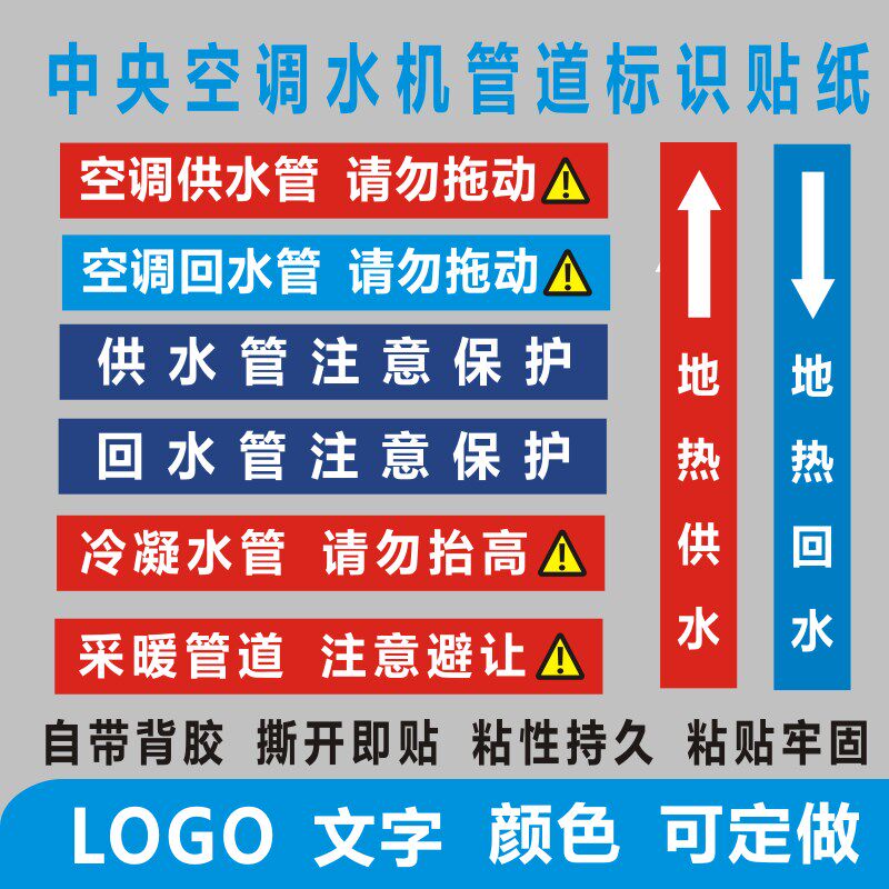 诗束 空调供回水标识空气能安装出进冷凝排水管道不干胶标签贴纸