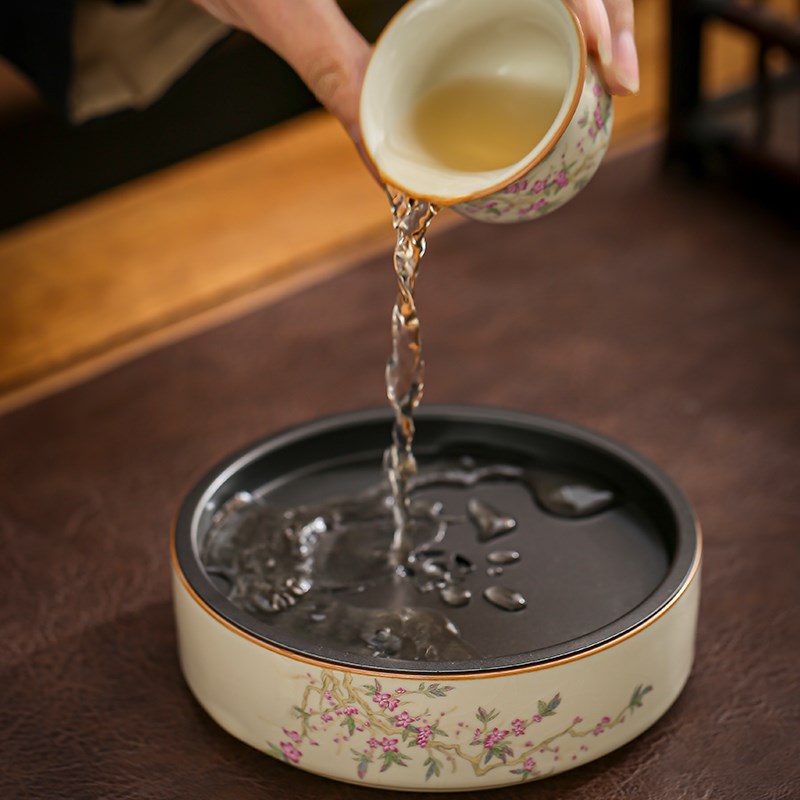米黄汝窑壶承干炮台茶渣缸茶盘开片功夫茶具茶道配件粉桃陶瓷茶承