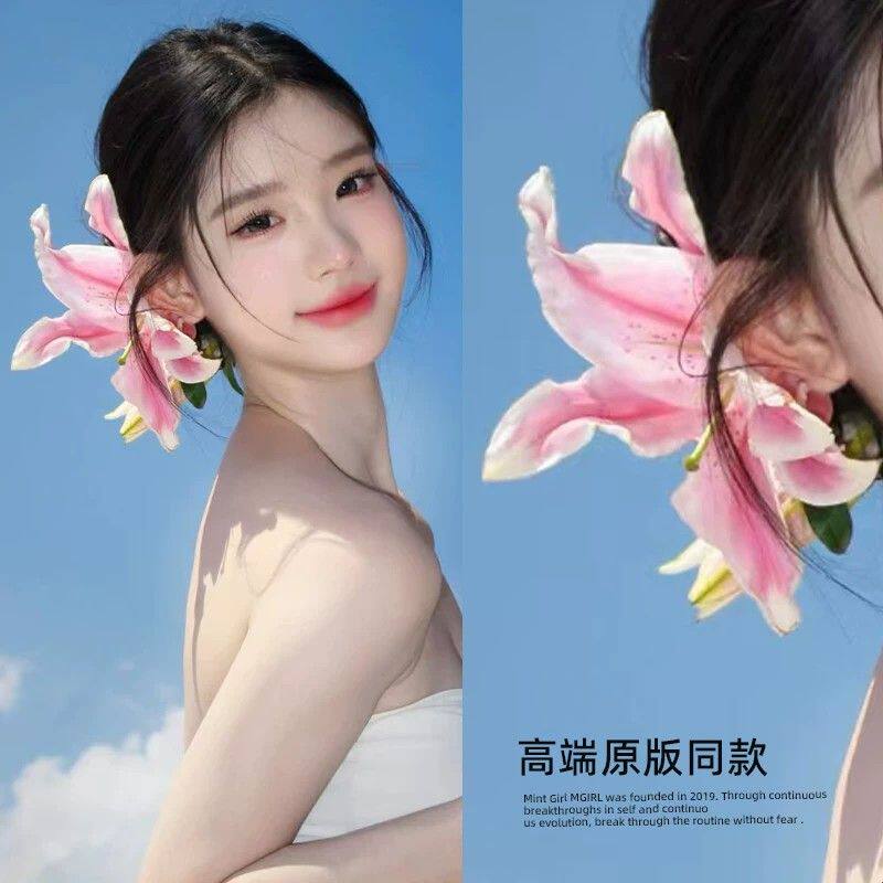 超仙~粉色百合花朵发夹海边度假风拍照头饰发饰侧边发卡2025新款