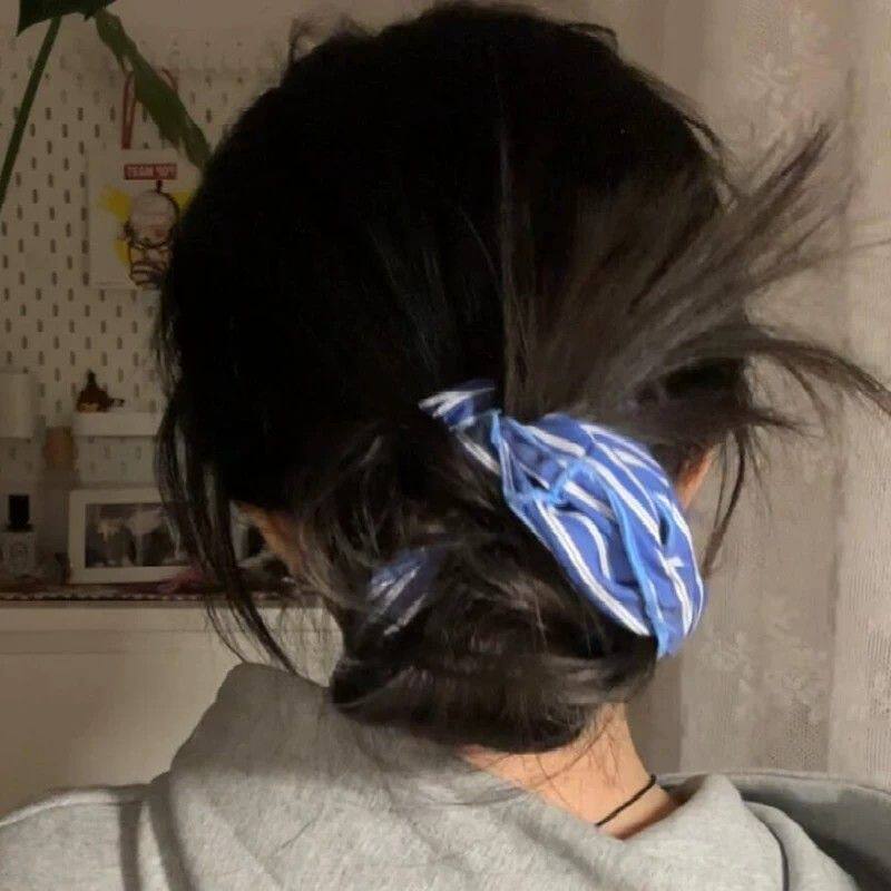 韩版简约高级感大号布艺蓝色条纹发圈新款低马尾大肠发圈发绳头绳
