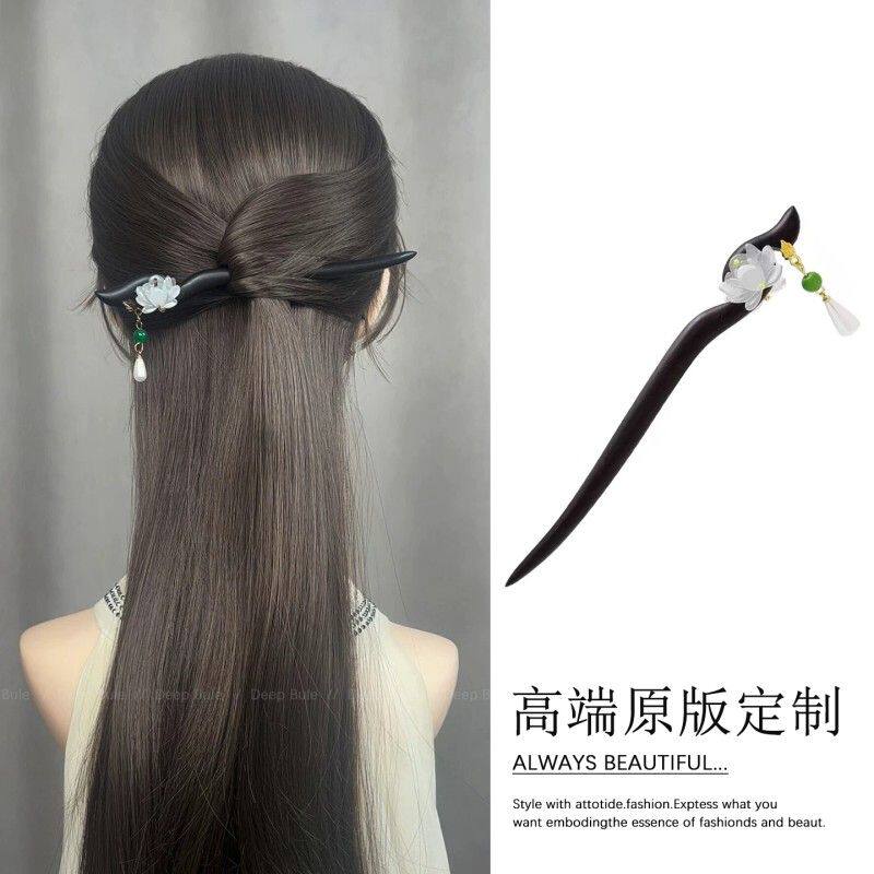 双面莲花黑檀木发簪女新中式古风绝美日常通勤盘发簪子高级感发钗