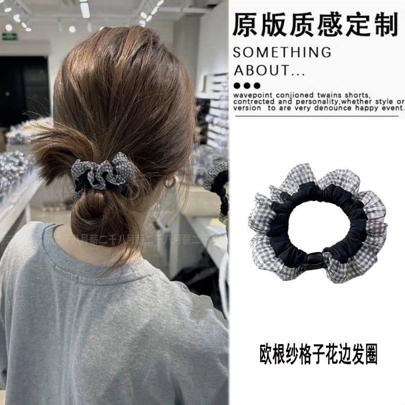 韩系复古欧根纱格子花边小肠发圈气质高级感扎丸子头马尾头绳发饰