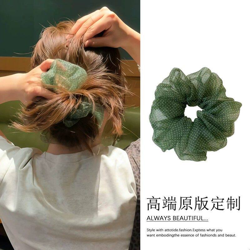 波点绿色大肠发圈头绳女夏高级感韩系欧根纱扎头发丸子头头花皮筋