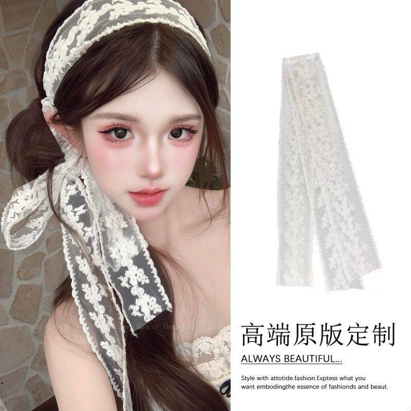 韩系甜美白色蕾丝发带绑发蝴蝶结飘带女2026新款长条丝巾系脖颈带