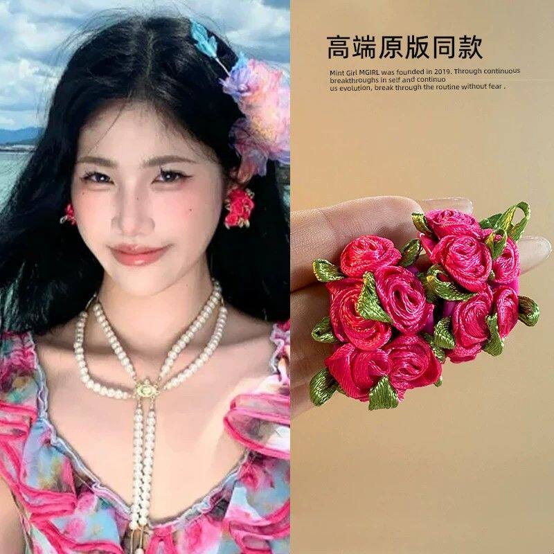 森系玫瑰花朵耳环女2025新款高端耳钉甜美耳坠夏季海边度假风耳饰