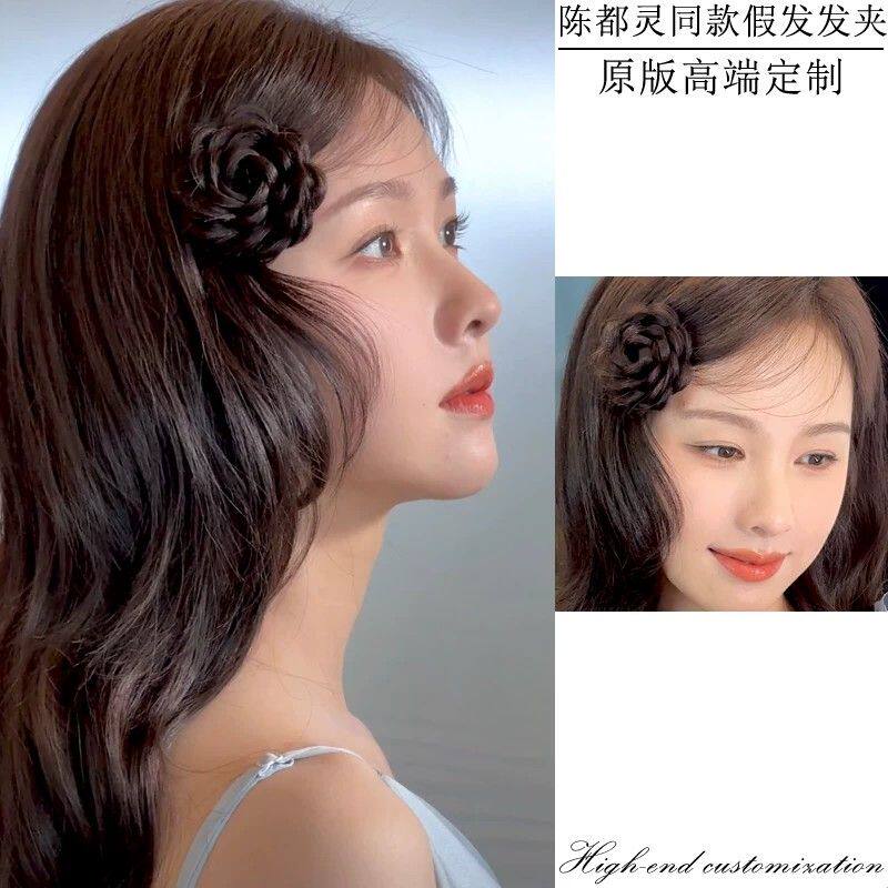 陈都灵同款假发花朵发夹法式甜美氛围感拍照头饰山茶花侧边夹发饰
