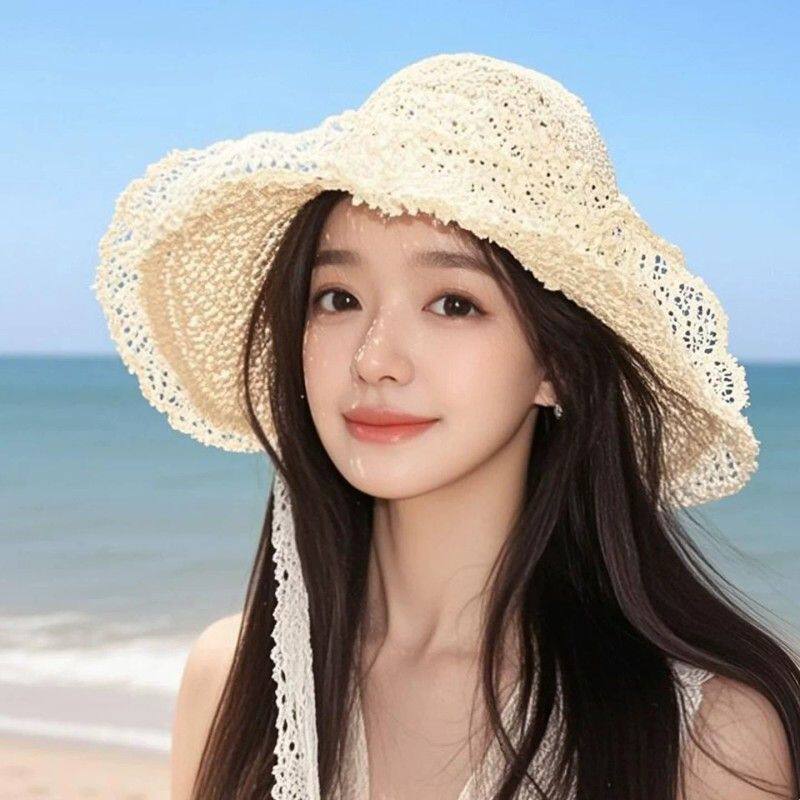 甜美蕾丝绑带草帽海边帽子女款2025新款遮阳帽防晒抗UV遮阳帽