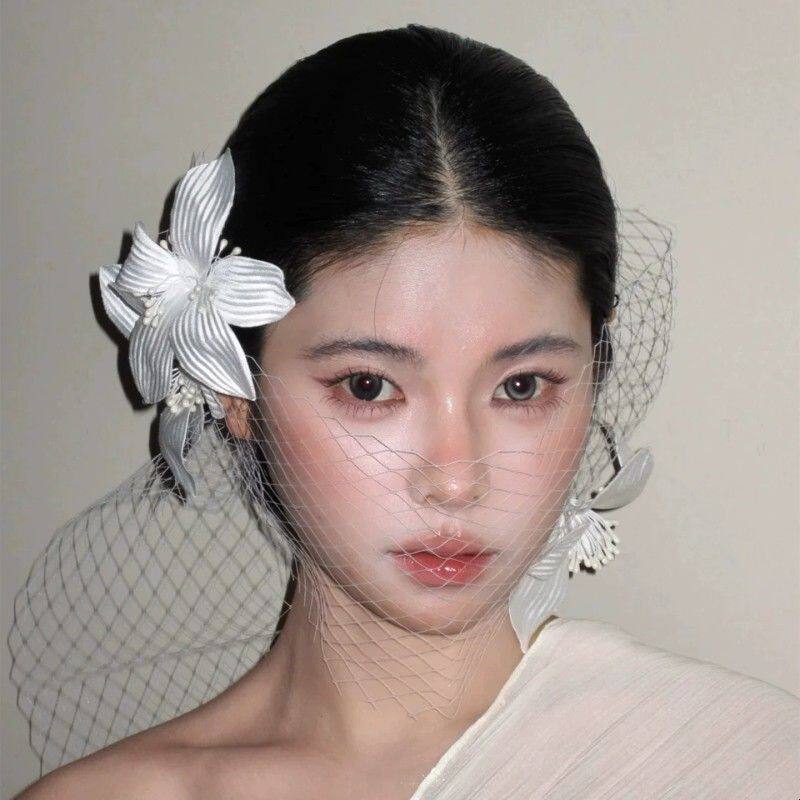 法式新娘!白色鸢尾花面纱三件套发夹头饰超仙氛围感结婚饰品发饰