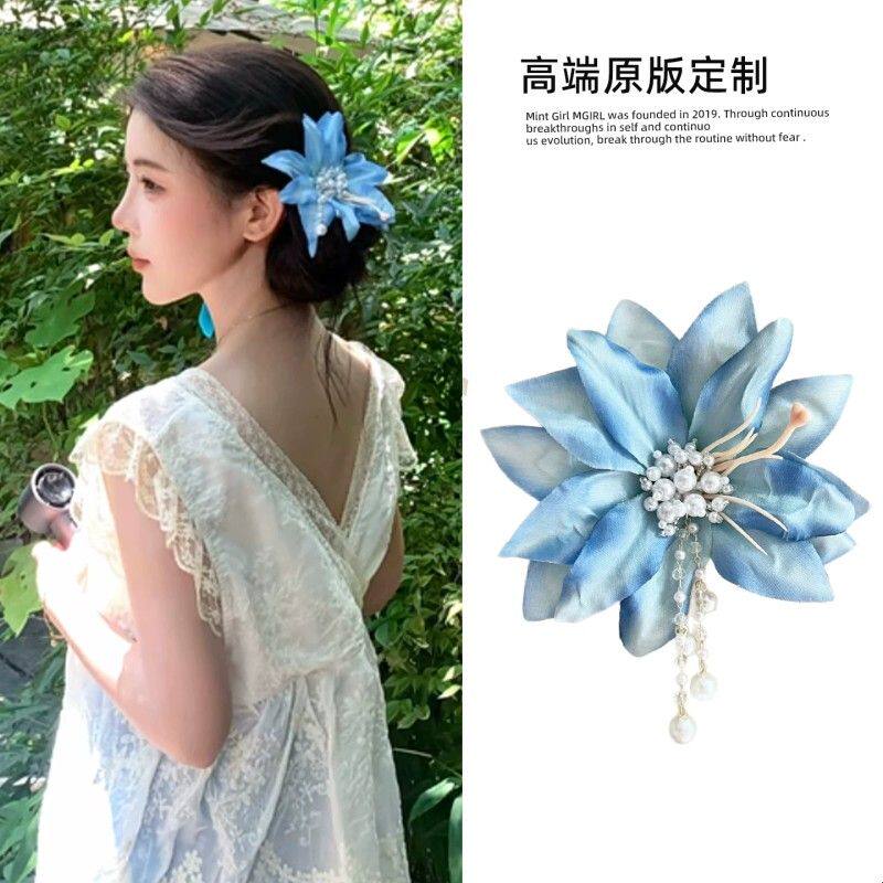 超仙~蓝色花朵珍珠流苏发夹氛围感拍照发饰侧边夹头花2025年新款